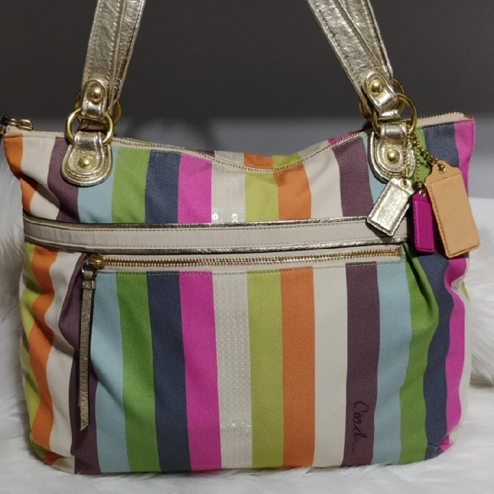 SALE! Coach Poppy Legacy Sequined Striped Shoulder Bag & Matching Wristlet - Picture 3 of 16